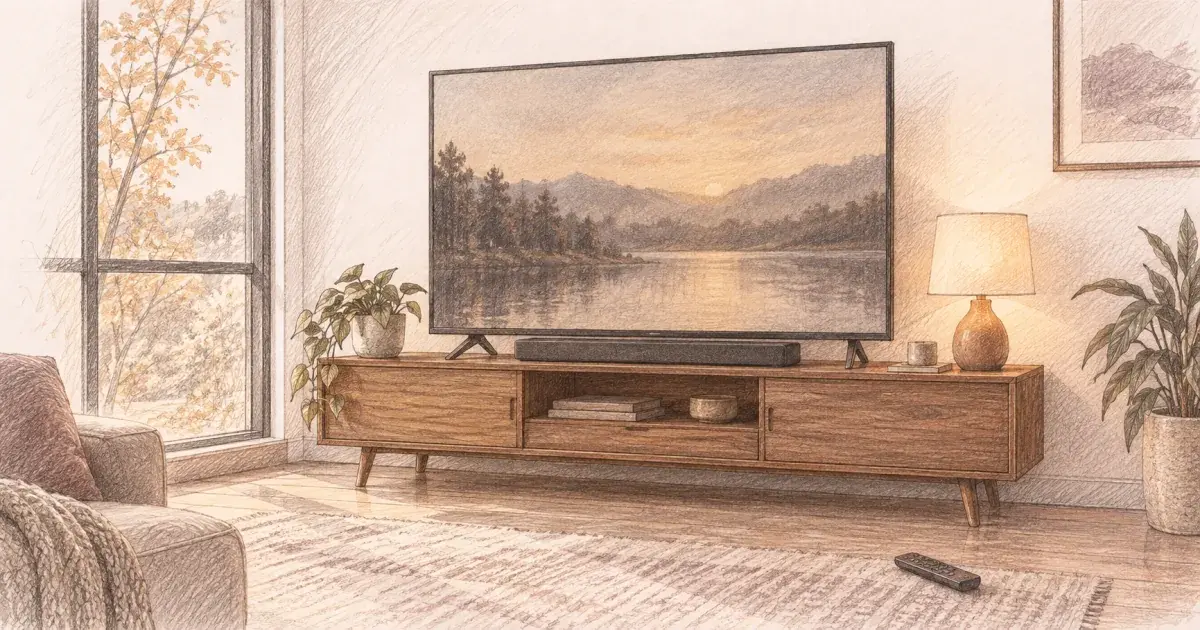 Hand-drawn pencil sketch of a 65 inch flat screen television on a low wooden console in a living room with a large window, a soundbar beneath the screen and a remote on the table.