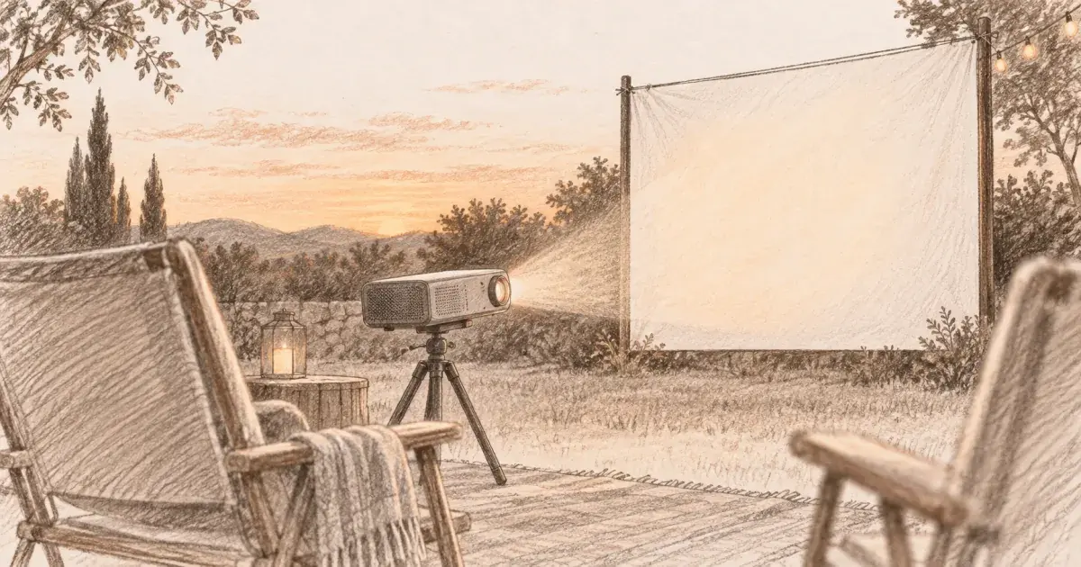 Hand-drawn pencil sketch of a portable projector on a small tripod aimed at a backyard screen.