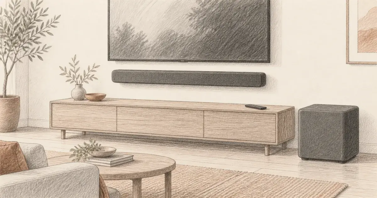 Hand-drawn pencil sketch of a long soundbar under a TV with a wireless subwoofer beside the console.