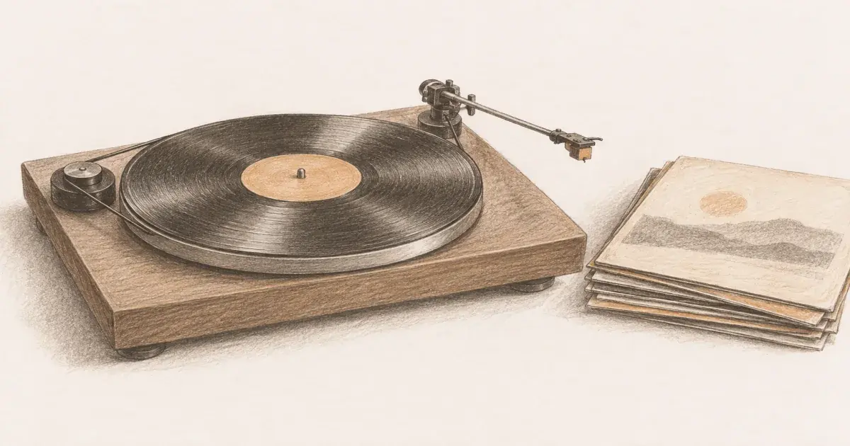 Hand-drawn pencil sketch of a belt-drive turntable with a record on the platter and a raised tonearm.