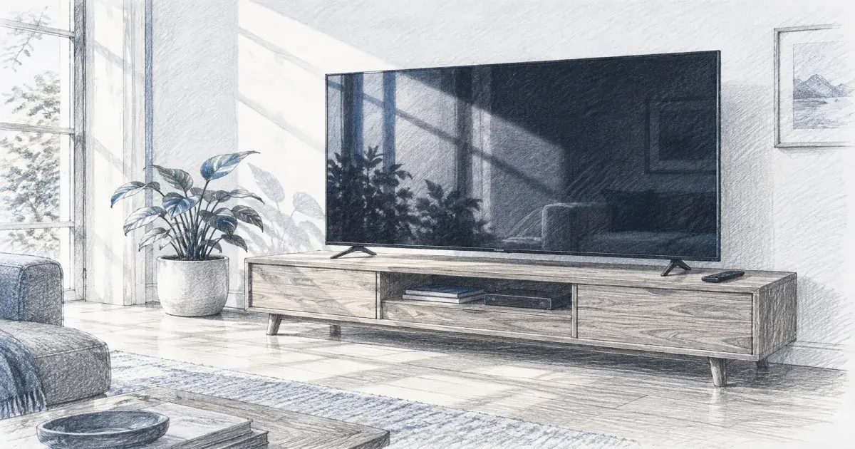 Hand-drawn pencil sketch of a slim TV on a media stand with bright window light raking across the screen.