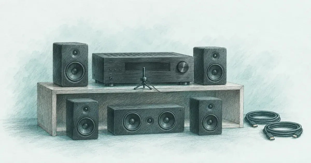 Hand-drawn pencil sketch of an AV receiver on a wooden shelf with a stack of five speakers around it, a calibration microphone on a stand, and HDMI cables coiled beside the cabinet.