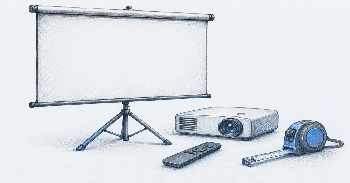 Aspect ratio calculator beside a projector screen and a tape measure