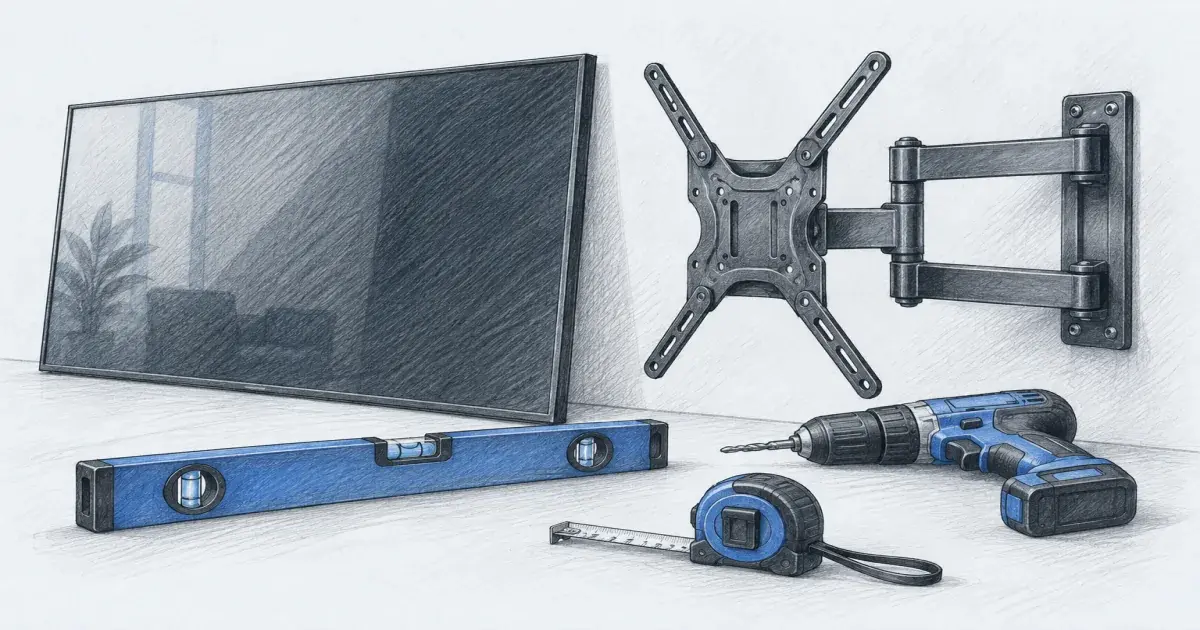 TV mounting height calculator beside a wall-mounted TV and a level