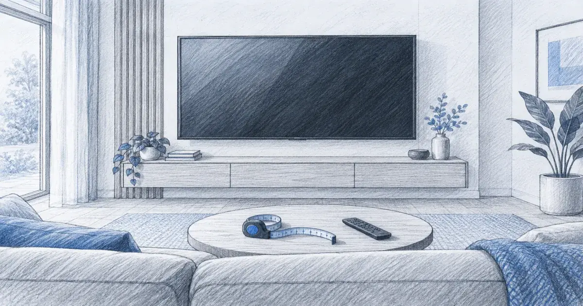 TV size calculator beside a wall-mounted screen and a tape measure