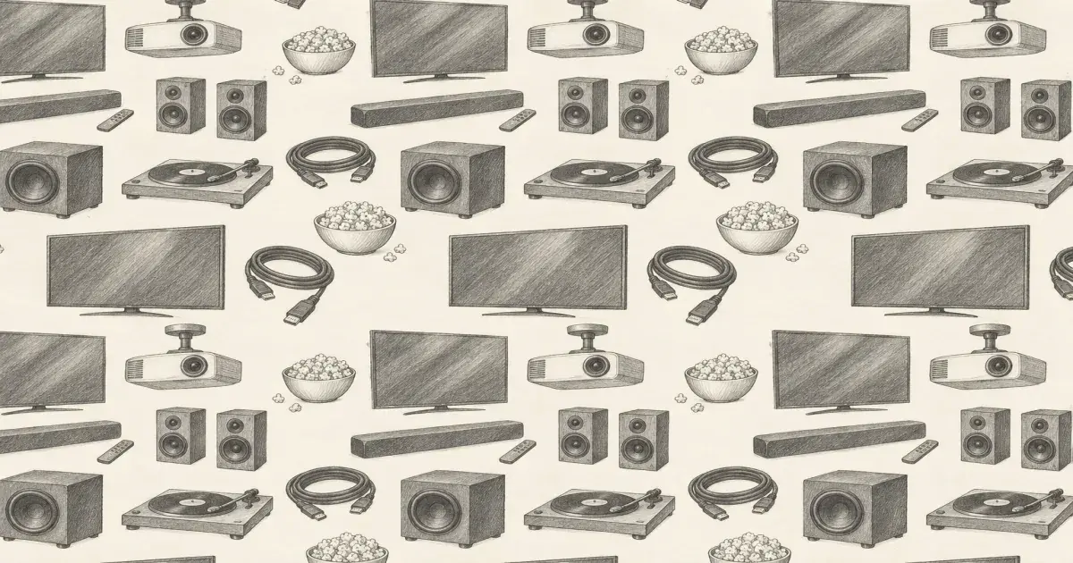 Monochrome pencil sketch pattern of home theater gear on cool cream paper